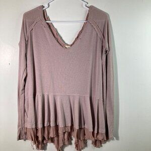 Womens We The Free V Neck Distressed Peplum Oversized Top Raw Edges Mauve S Poly